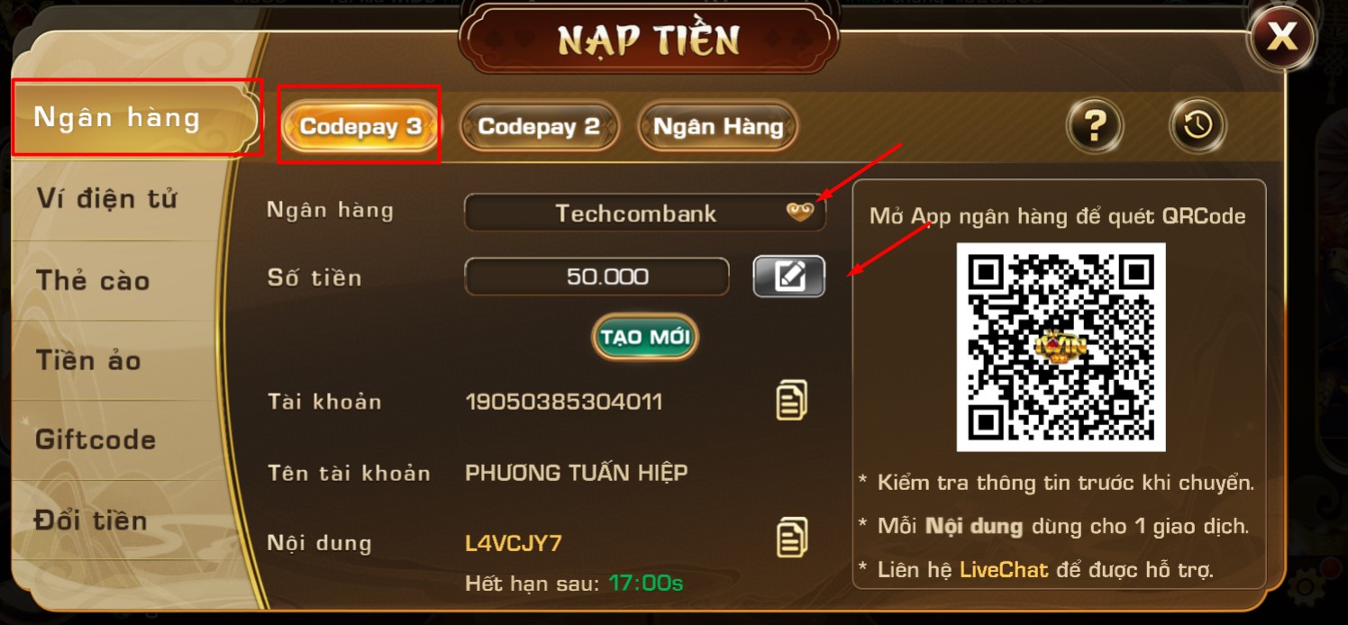 Chọn ngân hàng muốn chuyển tiền nạp và số tiền muốn nạp